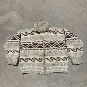 Rare Vintage 40s 50s Cowichan Sweater Zip Large Wool Brown Cream Inuit